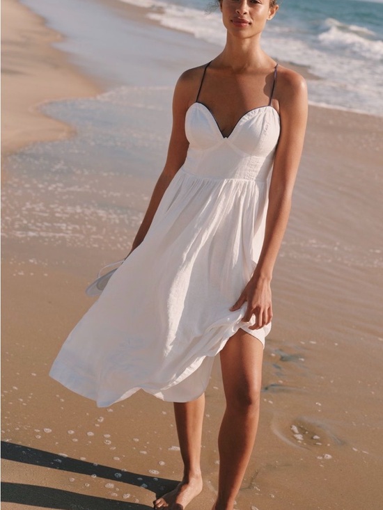Anthropologie Dresses & Skirts - Maeve Linen Midi Dress White Navy Contrast Seamed Anthropologie Pockets Smocked